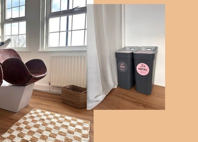 Modern salon interior with eco-friendly bins at Mantra, Leeds, England, GB.