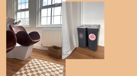 Modern salon interior with eco-friendly bins at Mantra, Leeds, England, GB.
