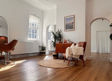Elegant beauty salon interior at Mantra, Leeds, England, GB with stylish decor and natural light.