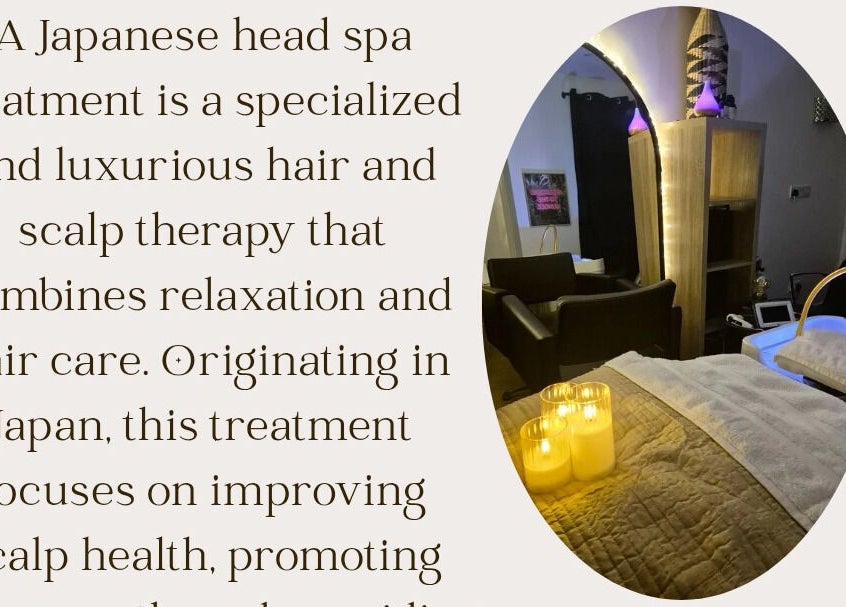 Cozy Japanese head spa room at Lucy Butterly in Horsham, England, GB with ambient lighting and candles.