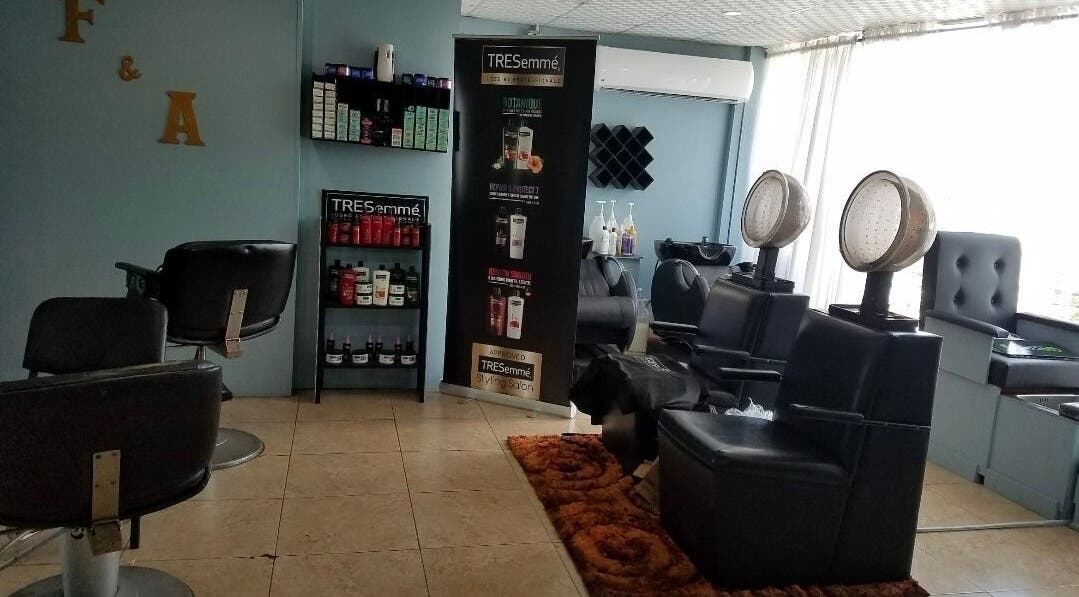 Cozy hair styling area at Fanda Salon Spa and Cosmetology School, Montrose, Chaguanas, TT.