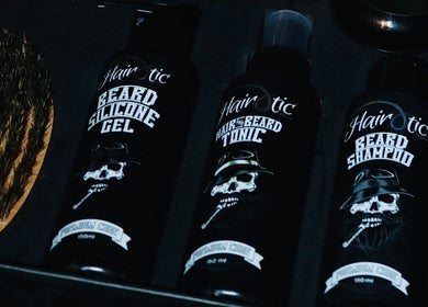 Beard care products at Hayre Grooming Salon, Abu Dhabi, Abu Dhabi, AE, featuring gel, tonic, and shampoo.