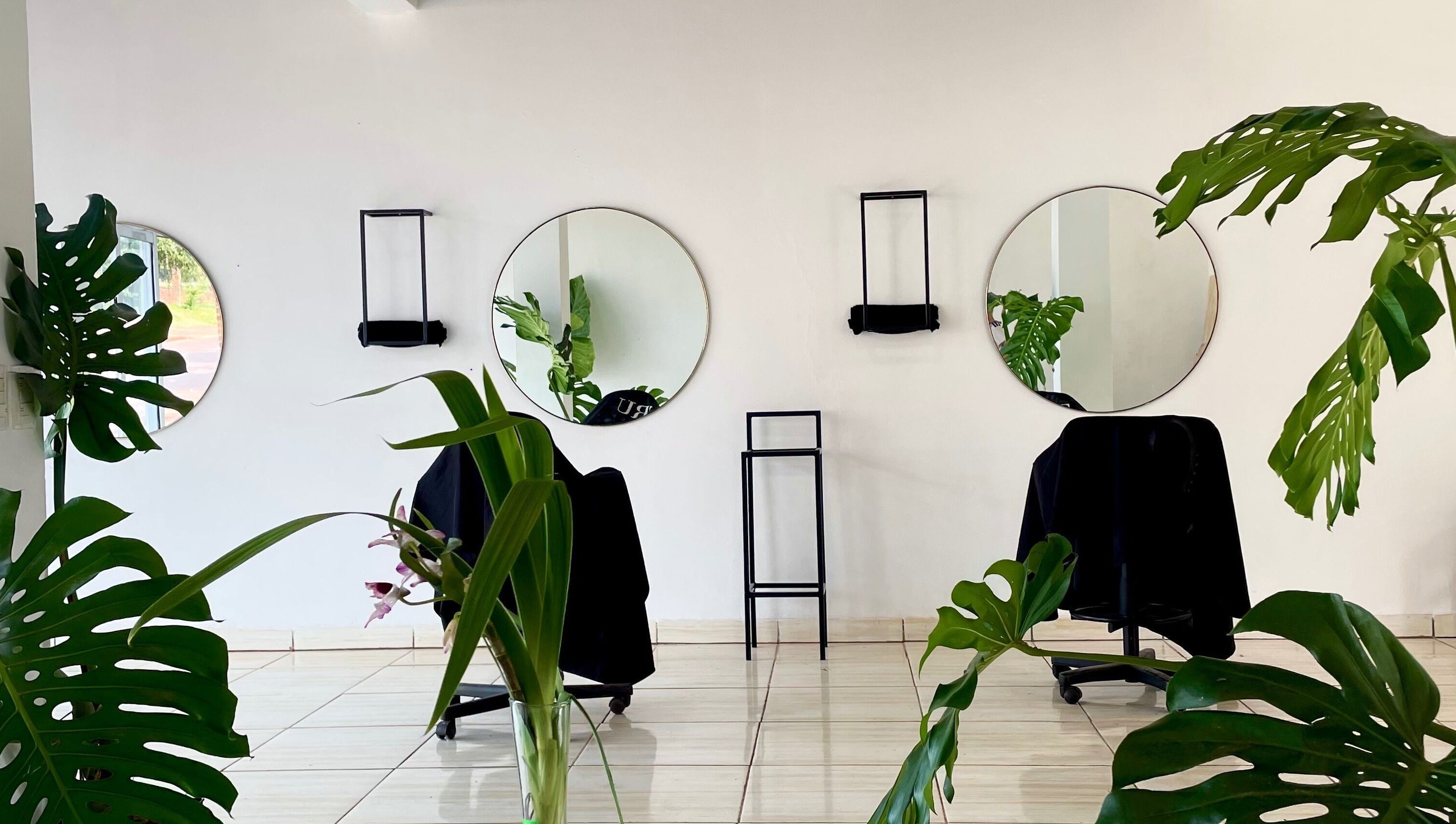 Elegante salón con espejos redondos en Jungle Instinct JS, Misiones, Misiones, AR, acentuado por plantas tropicales.