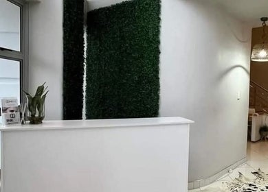 Reception area at Refined Artistry, Centurion, Gauteng, ZA. Modern decor with white counter and greenery.