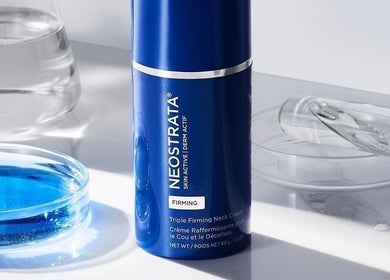 Neostrata neck cream on display at Pure Esthetics, Chester, England, GB, emphasizing skin firming.