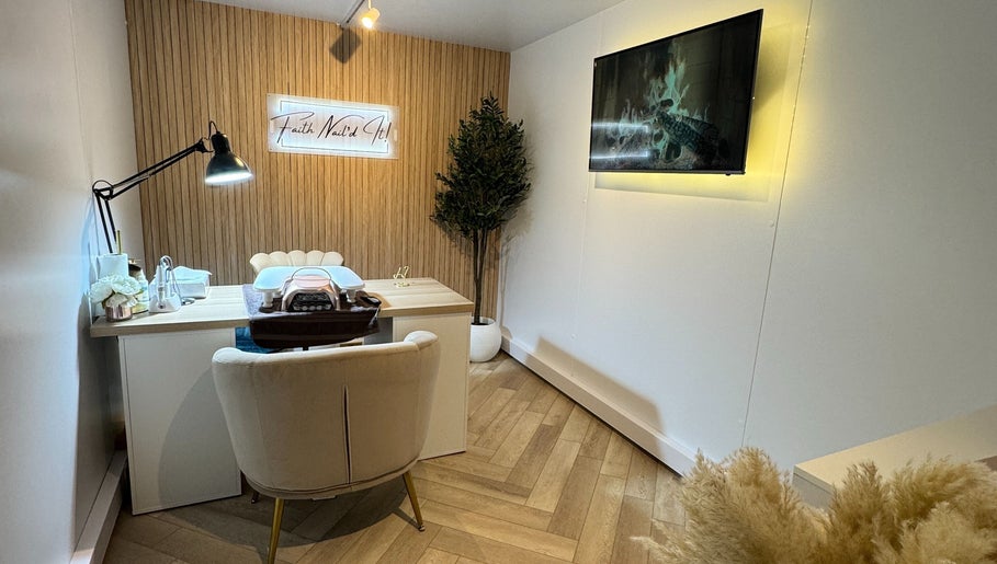 Elegant nail salon interior at Faith Nail'd It, Ebbsfleet Valley, England, GB, featuring modern design elements.