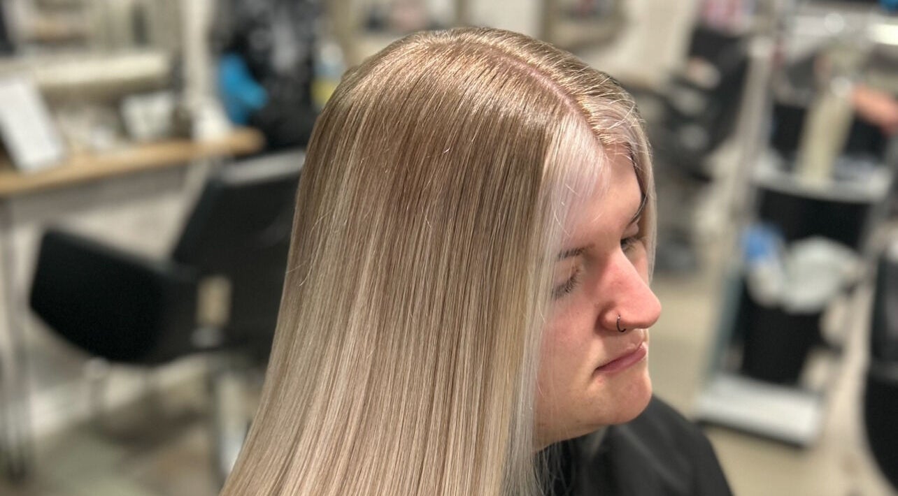 Silky, straight blonde hair transformation at Hair by Ellie, Atherstone, England, GB salon.