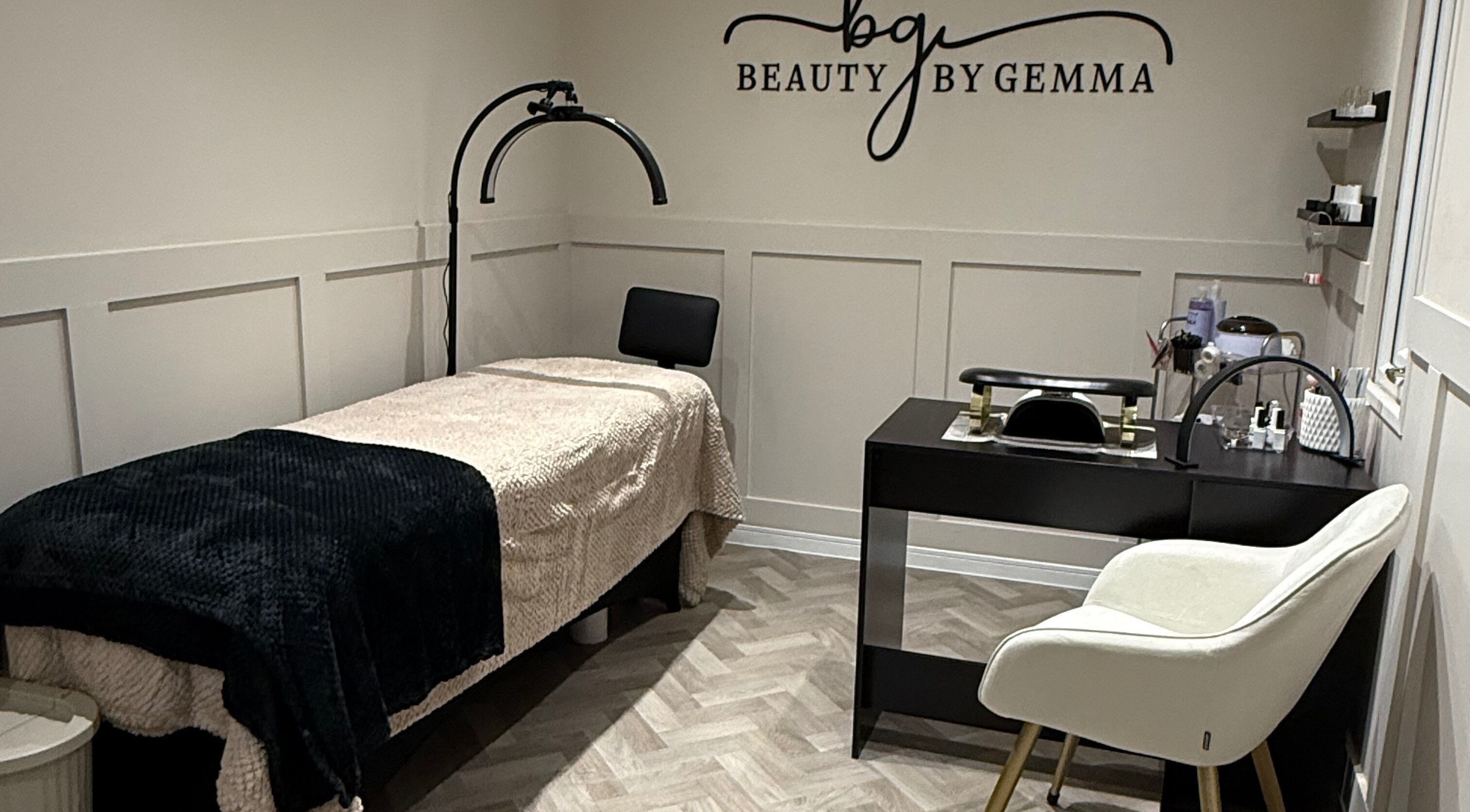 BeautybyGemma treatment room in Shiremoor, England, GB, featuring an elegant massage table and modern decor.