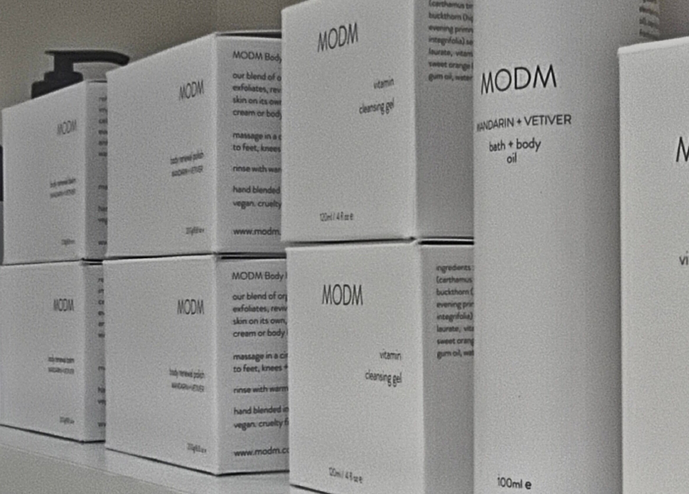 A shelf with MODM skincare products at NOVA by Arlene, Dunfermline, Scotland, GB.