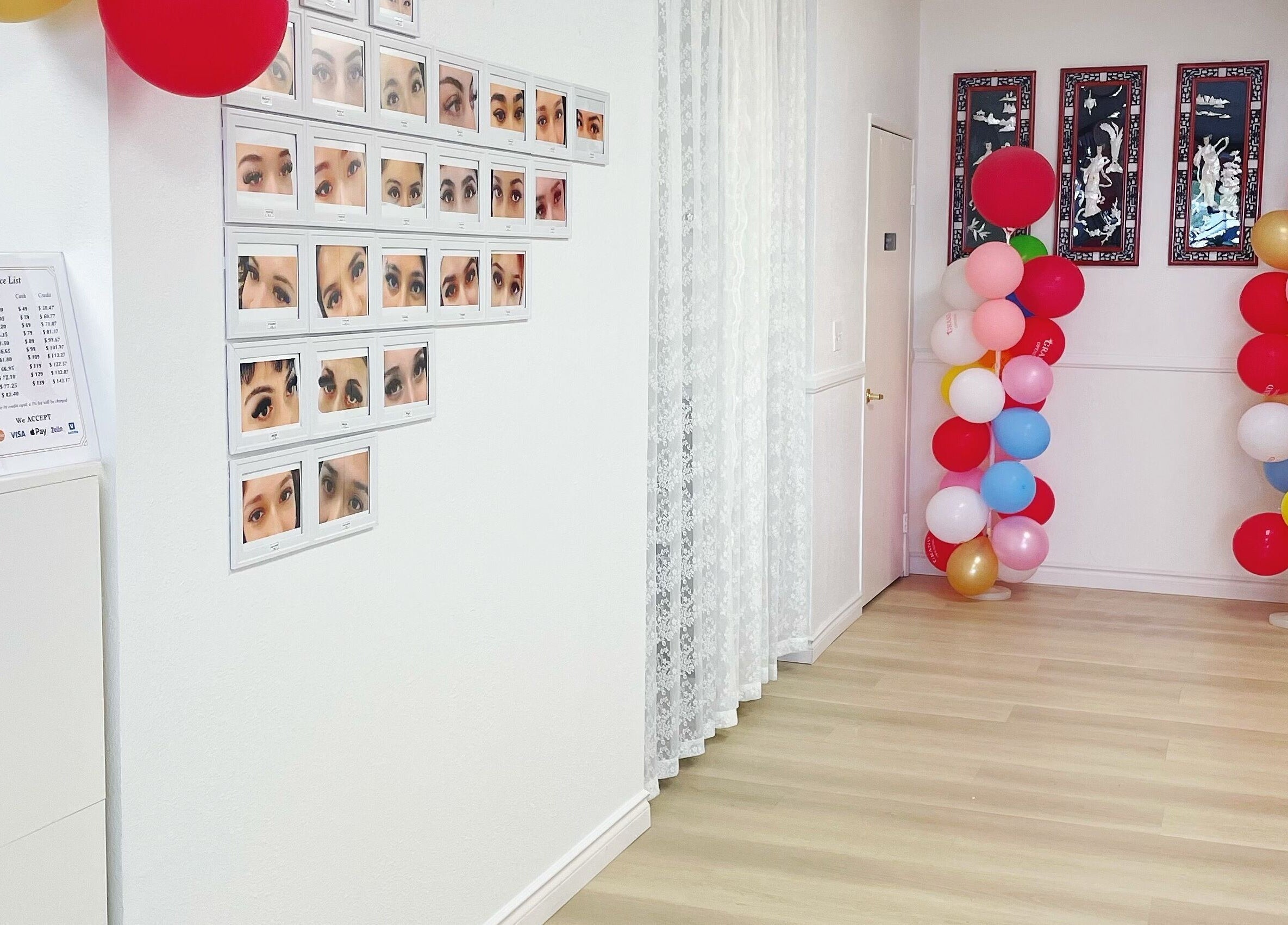 E.Lashes venue interior in El Monte, California, showcasing eye photos and colorful balloon decor.