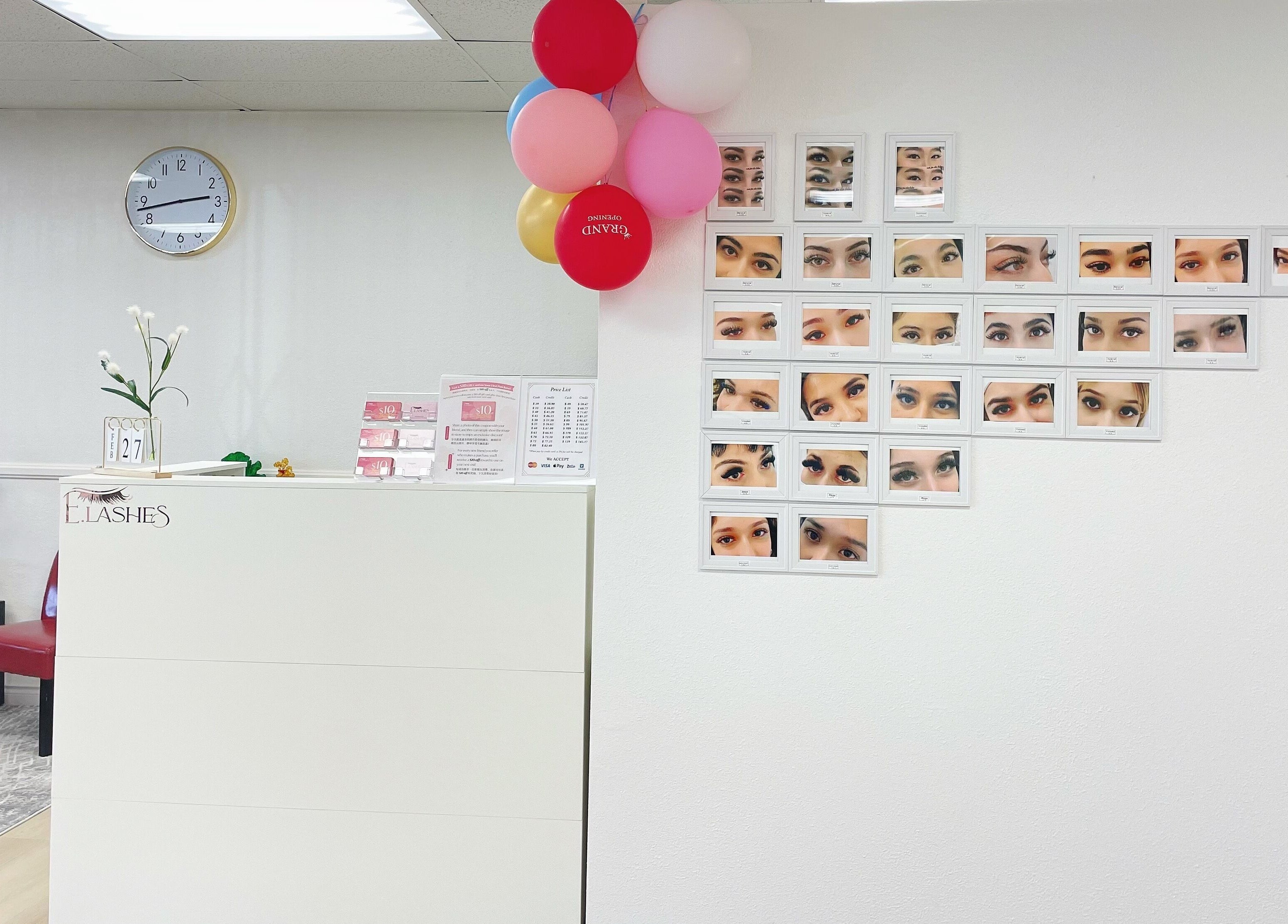 E.Lashes reception in El Monte, California, features artistic lash photos and modern decor.