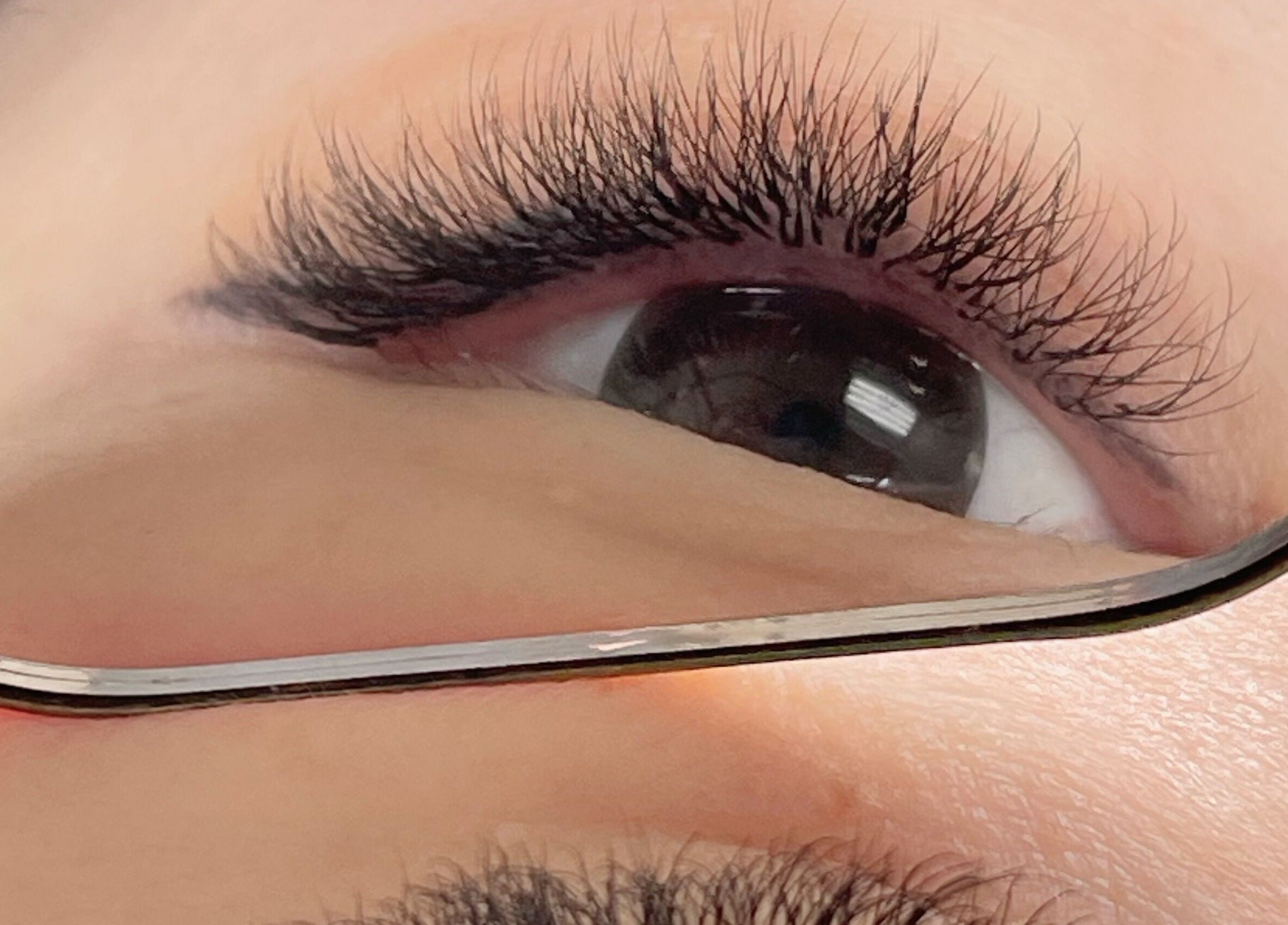 Close-up of enhanced lashes at E.Lashes, El Monte, California, US, showcasing elegant eyelash artistry.