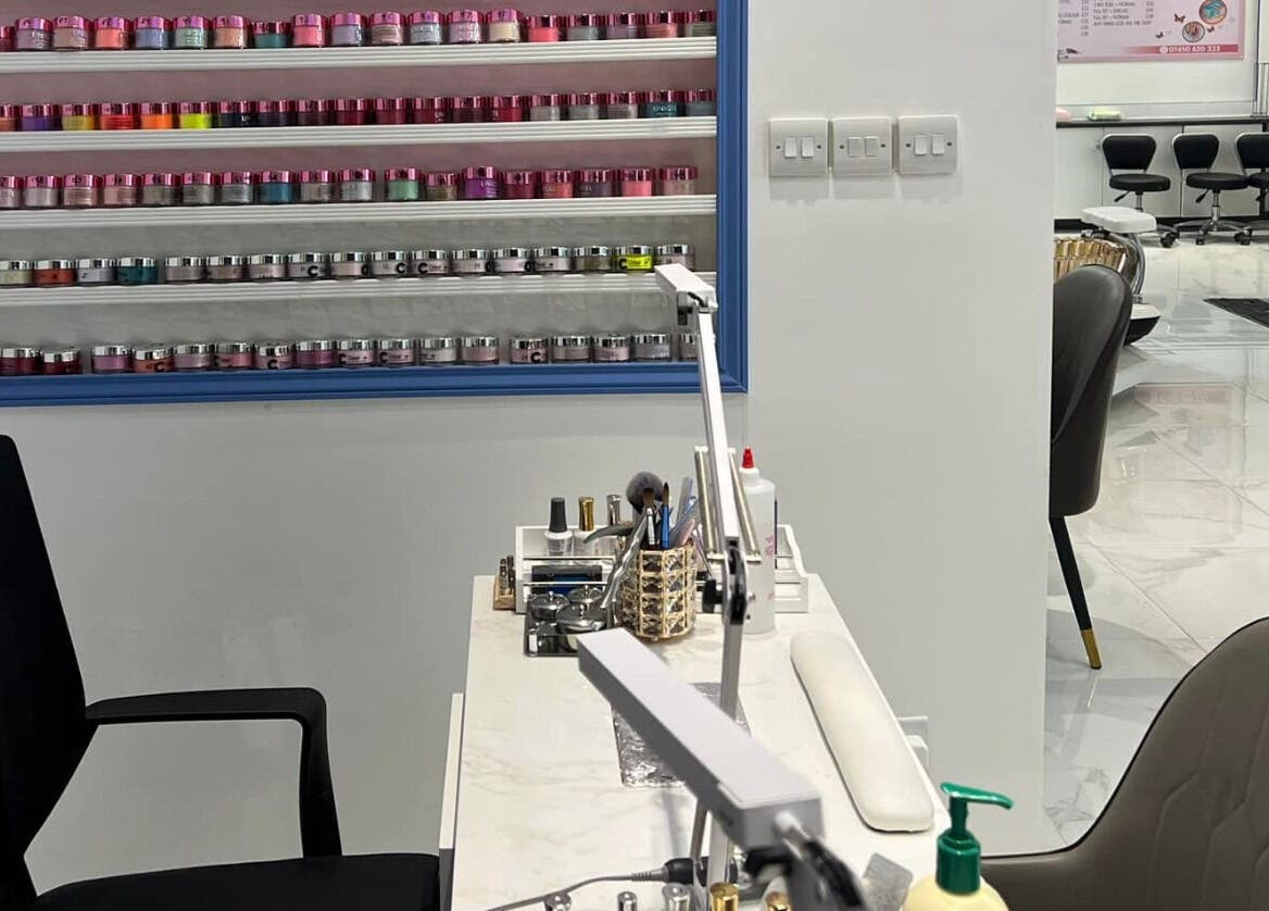 Nails Point interior showing organized nail polish collection in London, England, GB.