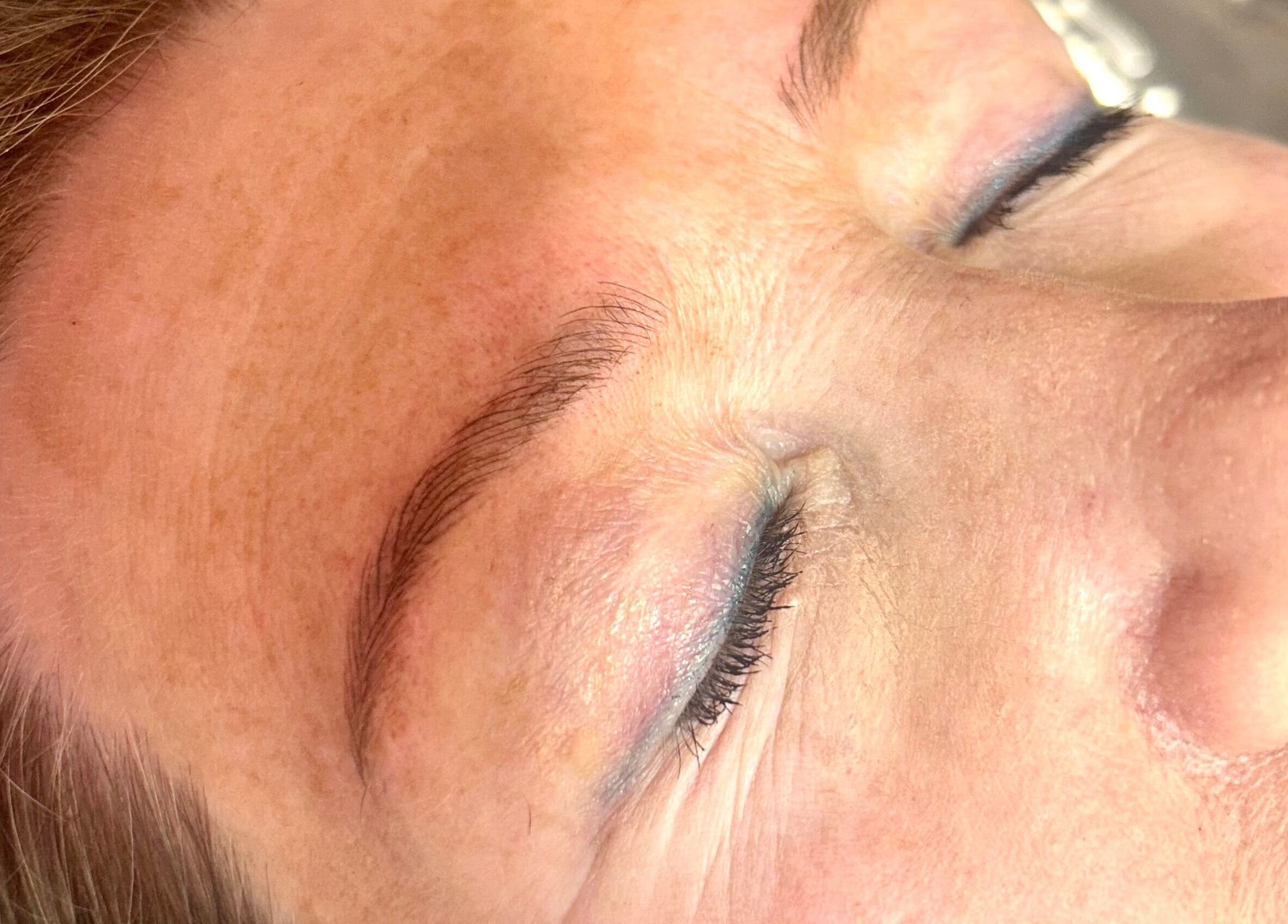 Close-up of expertly shaped brows at Lilly Hoffmann permanent cosmetics, Brynhyfryd, Wales, GB.