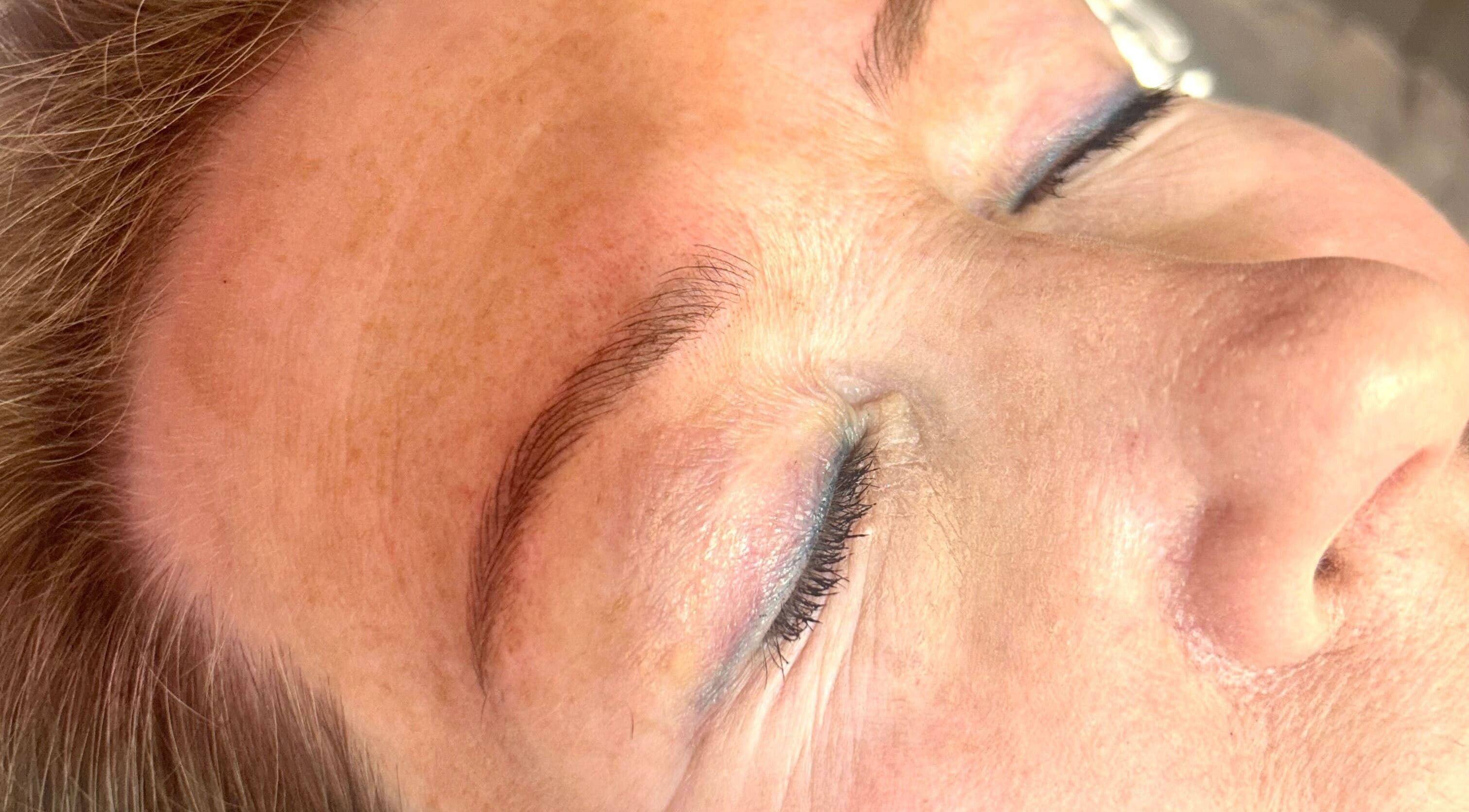 Close-up of expertly shaped brows at Lilly Hoffmann permanent cosmetics, Brynhyfryd, Wales, GB.