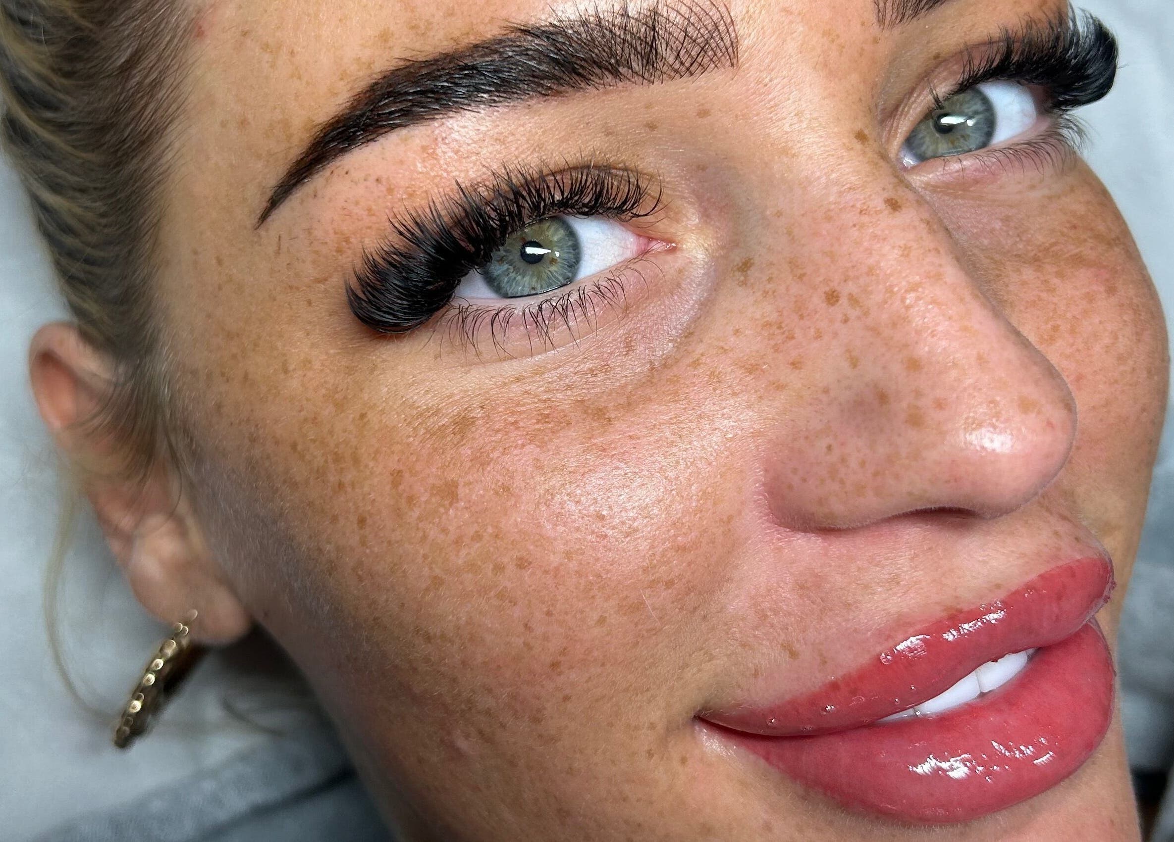 Close-up of a woman's enhanced brows at Lilly Hoffmann permanent cosmetics, Brynhyfryd, Wales, GB.