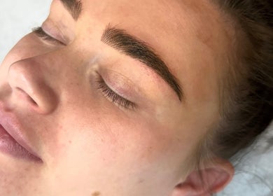 Close-up of expertly shaped brows at Lilly Hoffmann permanent cosmetics in Brynhyfryd, Wales, GB.
