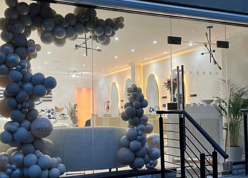 Custom Brow Studio entrance with modern decor in Swinton, England, GB.