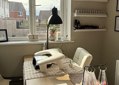 Cozy nail station at Hair & Nail Lounge By Rachel Lewis, Newton Abbot, England, GB with natural light.