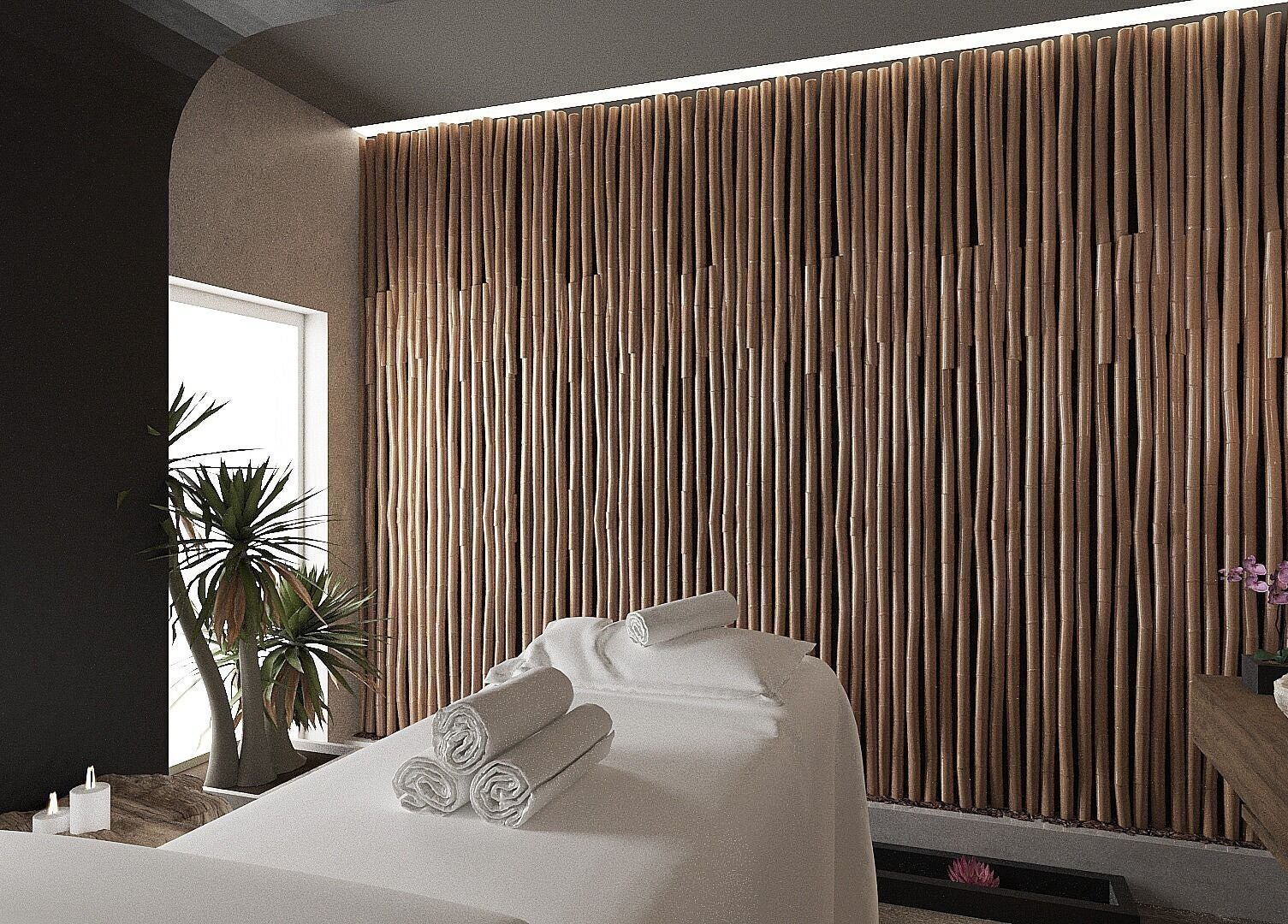 Camera de masaj elegantă la Dharmaland, Timișoara, Județul Timiș, RO, decorată cu bambus natural și lumânări.