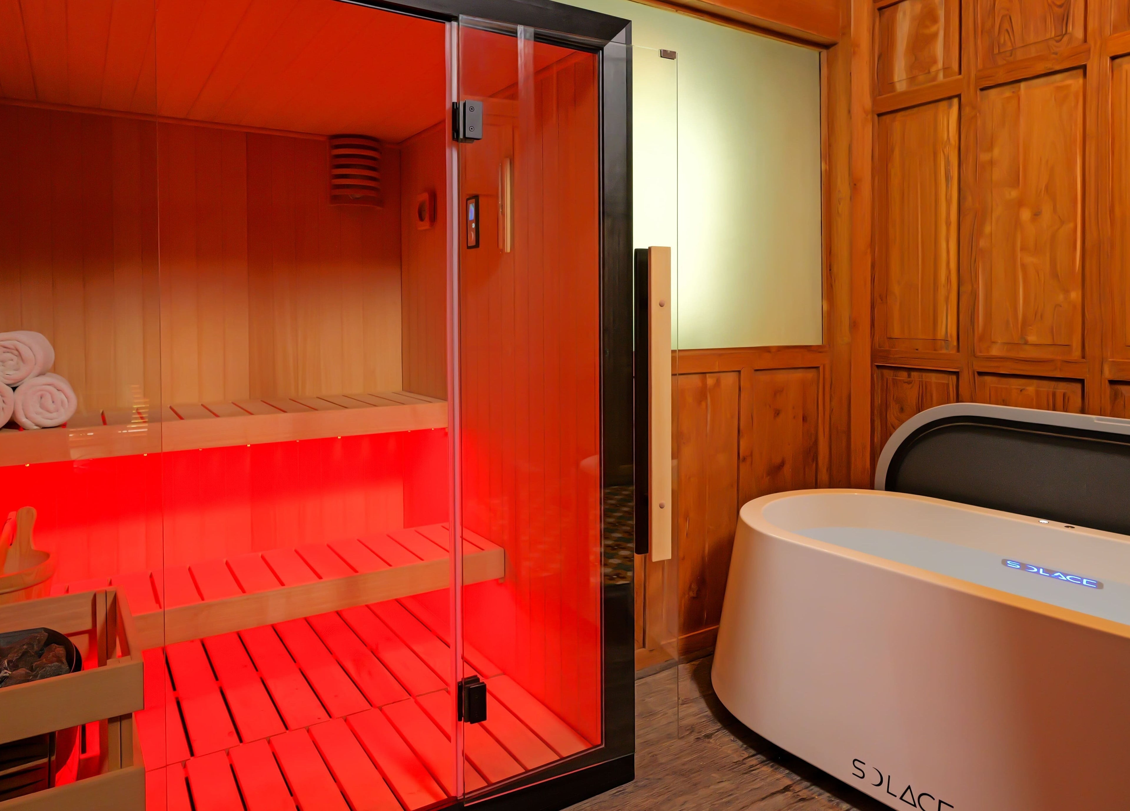 Infrared sauna and relaxation tub at Hidden Gem Spa Uluwatu, Bali, offering a luxurious retreat. Bali, Bali, ID.