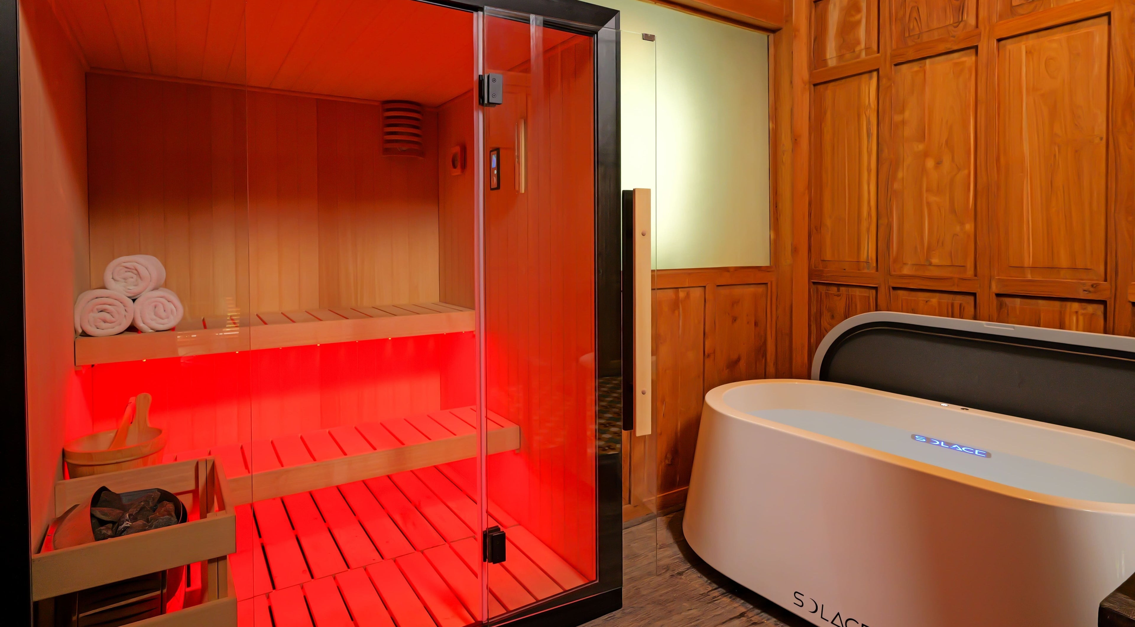 Infrared sauna and relaxation tub at Hidden Gem Spa Uluwatu, Bali, offering a luxurious retreat. Bali, Bali, ID.