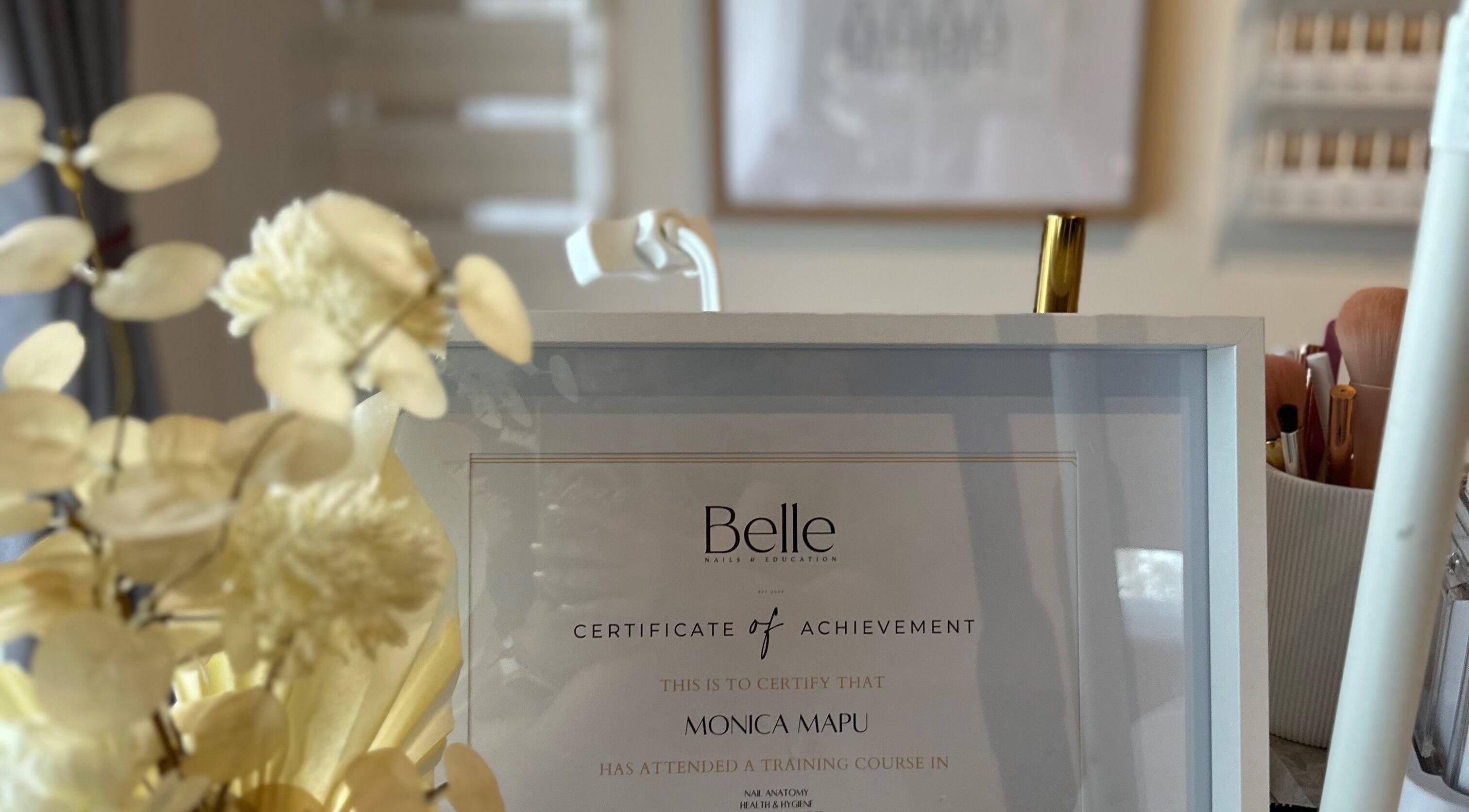 Certificate of Achievement at Nails by Monica Mapu, Killarney Vale, New South Wales, AU, with decor accents.