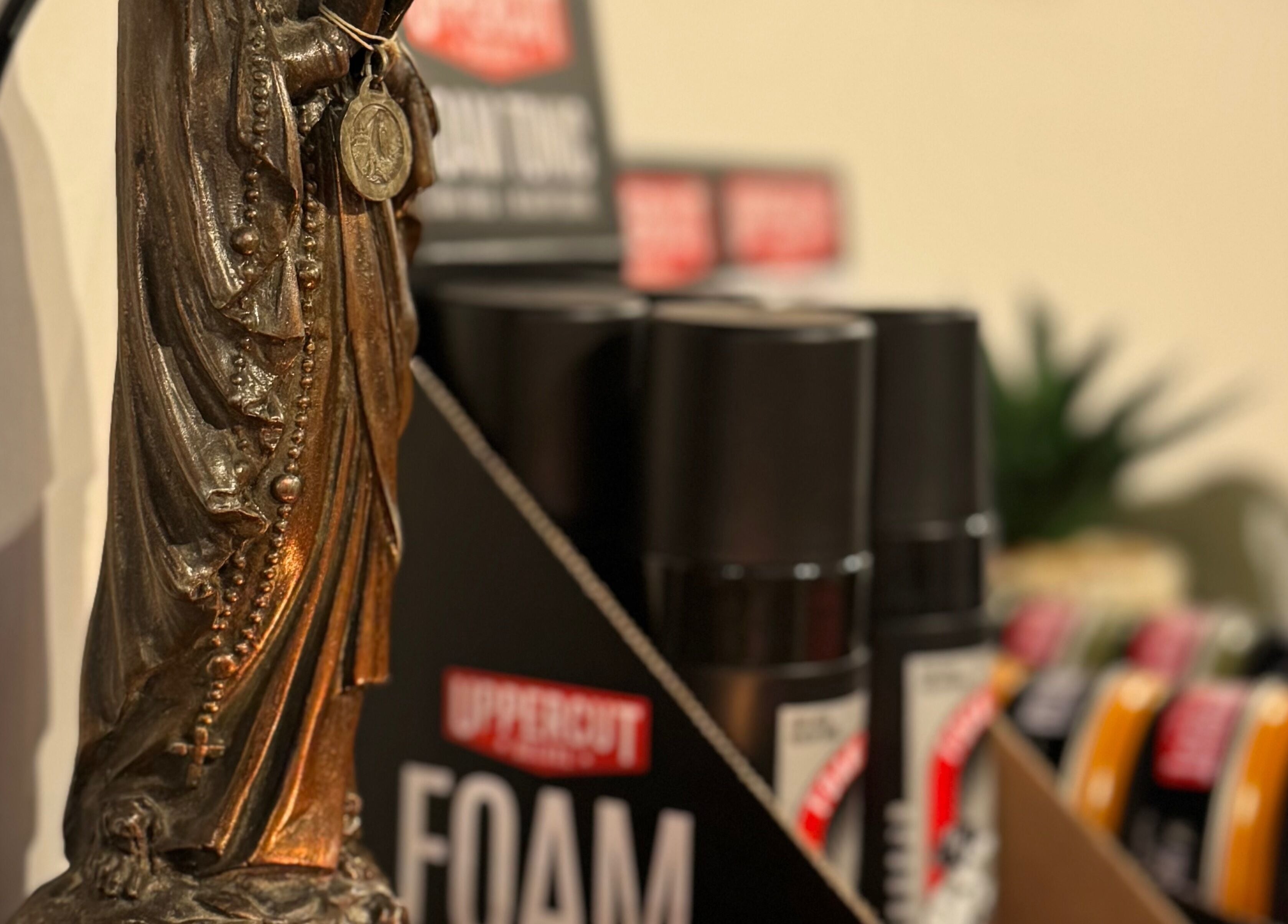 Elegant decor and grooming products at Ramblers Barbershop, Hereford, England, GB.