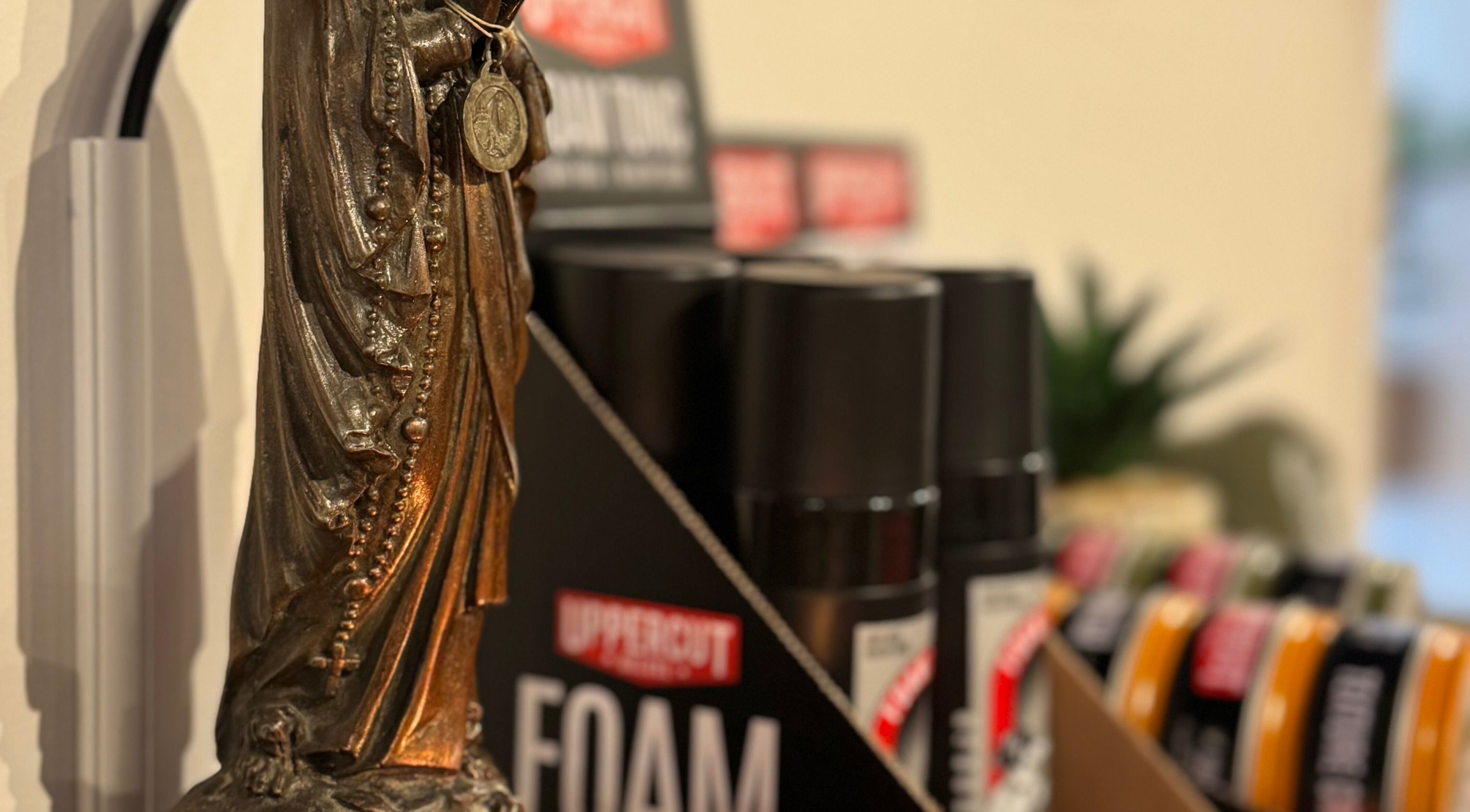 Elegant decor and grooming products at Ramblers Barbershop, Hereford, England, GB.