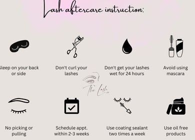 Lash aftercare guide by The Lash.co, Sint Michiel, CW. Tips include care techniques and maintenance advice.