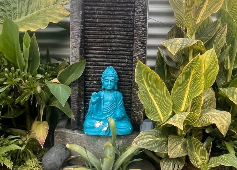 A tranquil Buddha statue amidst lush greenery at Koru Body Soul Māori Healers, Te Awamutu, Waikato, NZ.