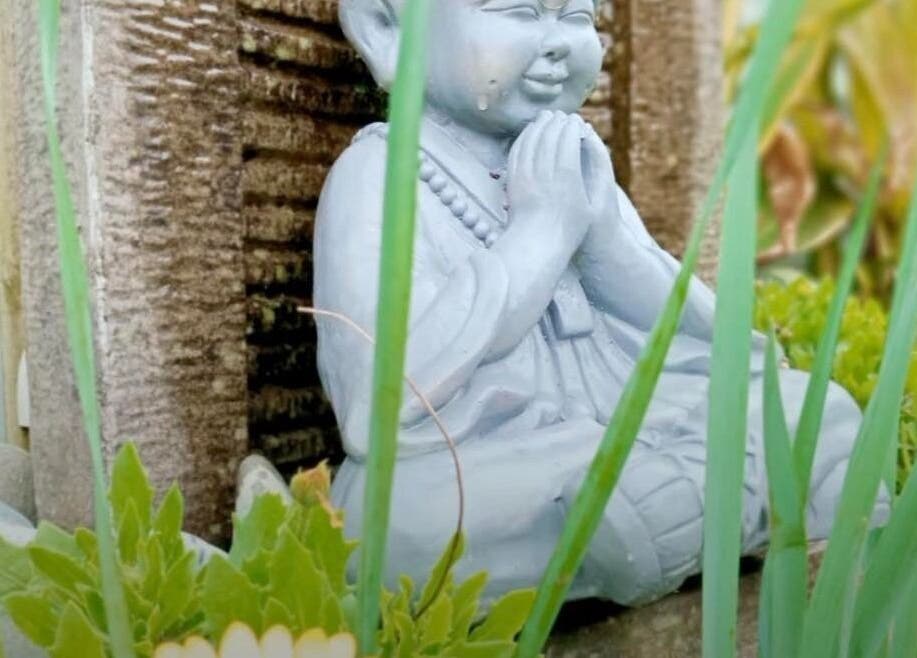 Serene statue amidst foliage at Koru Body Soul Māori Healers, Te Awamutu, Waikato, NZ.