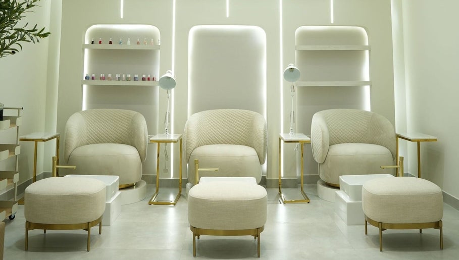 Elegant pedicure chairs at Aura Blend Ladies Salon in Dubai, Dubai, AE, offering premium beauty treatments.