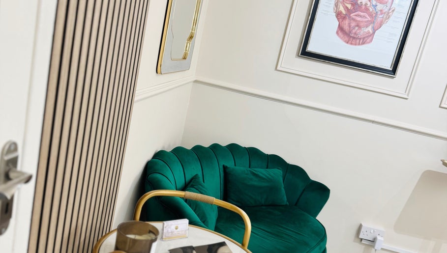 Luxurious green sofa and elegant decor at NZ Aesthetic Cosmetology, Coventry, England, GB.