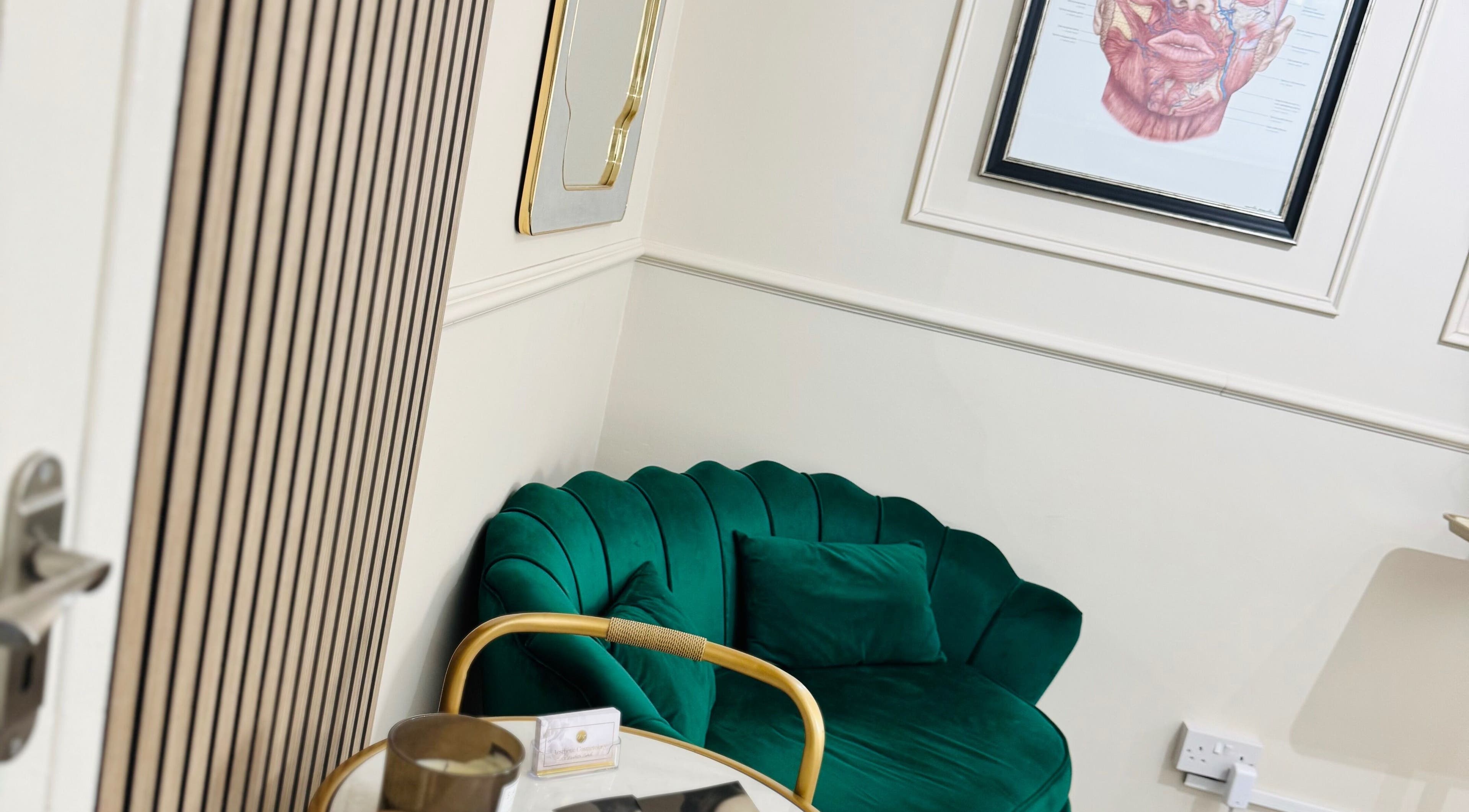 Luxurious green sofa and elegant decor at NZ Aesthetic Cosmetology, Coventry, England, GB.