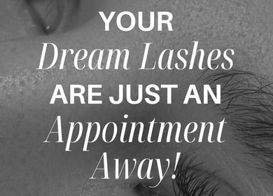 Close-up of an eye with text describing lash services available at LASHD in Salford, England, GB.