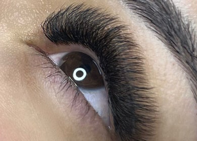 Close-up of professionally done eyelashes at Inkbeauty in Framingham, Massachusetts, US.