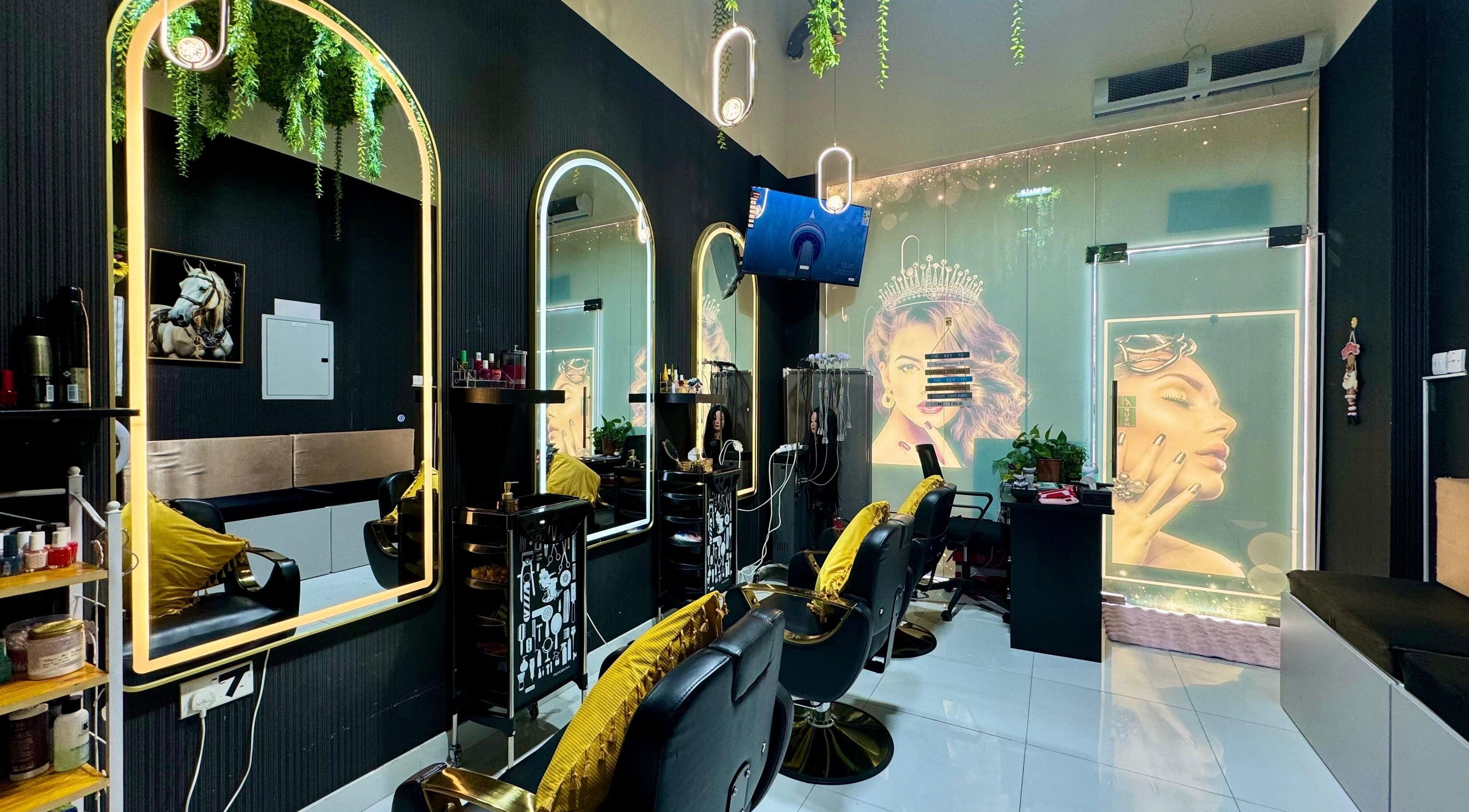 Luxurious interior of The Royalty Beauty Salon, Dubai, Dubai, AE with chic decor and plush seating.
