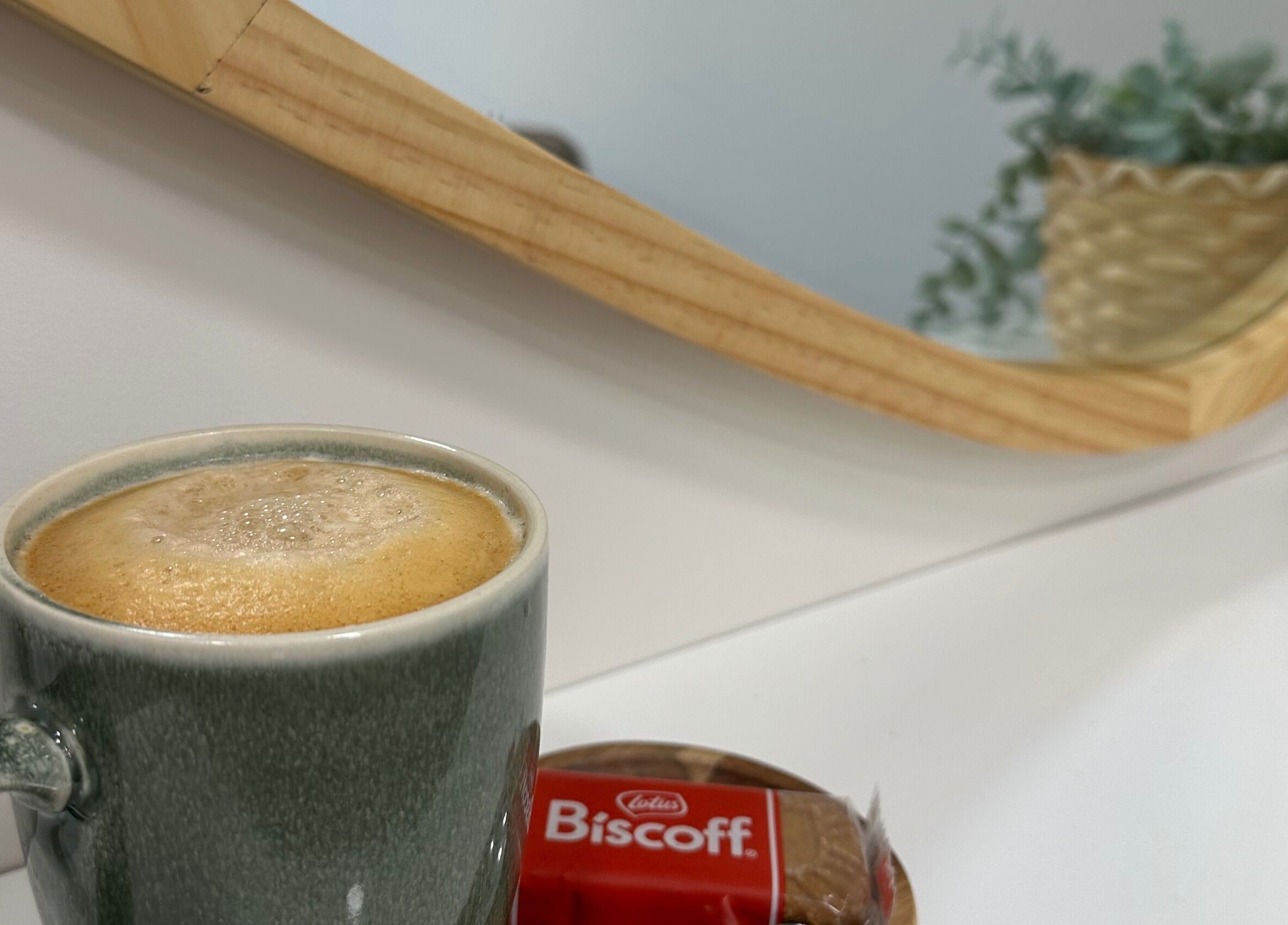 Inviting coffee mug and Biscoff at The View luxury home hair salon, Earley, England, GB.