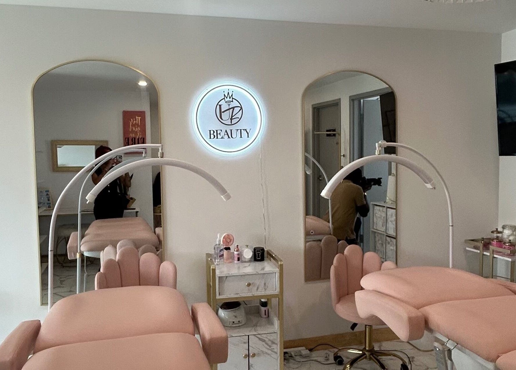 Chic interior of K. Marie Aesthetics Vegas Bookings in Las Vegas, Nevada, US. Soft pink decor with modern aesthetics.