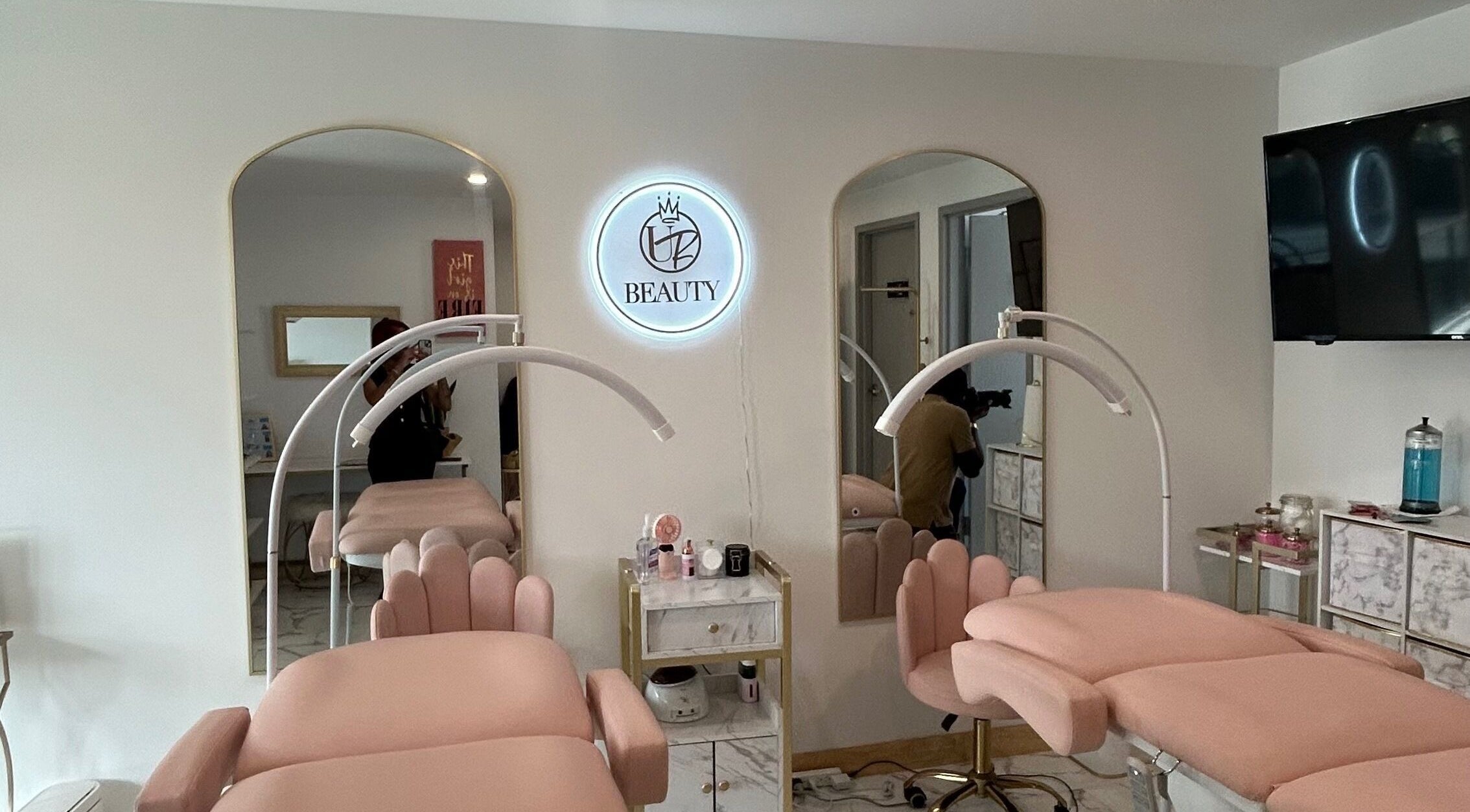 Chic interior of K. Marie Aesthetics Vegas Bookings in Las Vegas, Nevada, US. Soft pink decor with modern aesthetics.