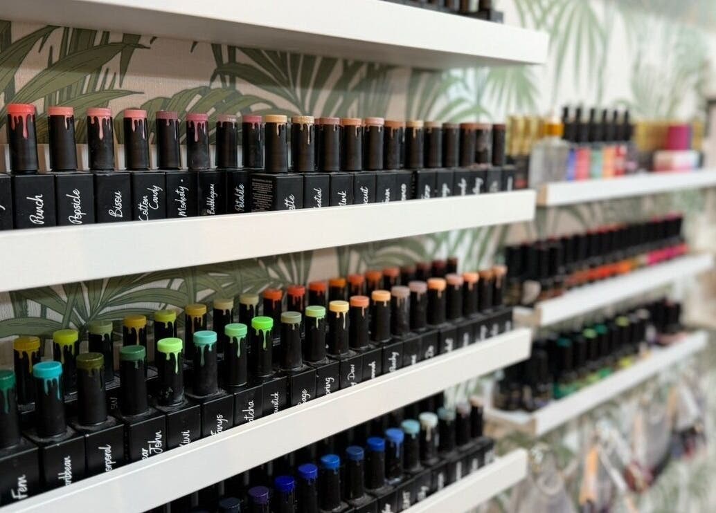 Vibrant nail polish collection at Toni Michelle Nail Artist, Cleethorpes, England, GB.