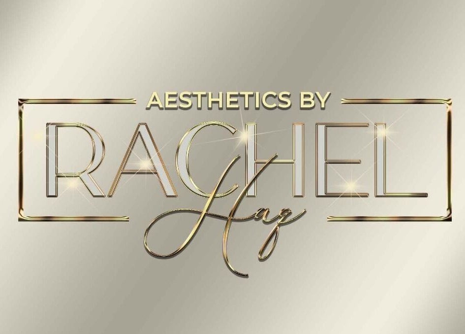 Aesthetics By Rachel Haq logo in shimmering gold, located in Oldham, England, GB for beauty and wellness.
