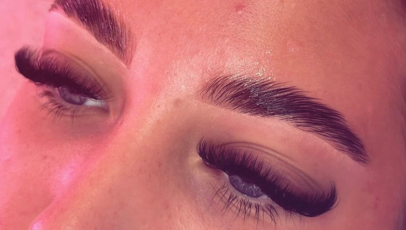 Close-up of beautifully styled eyelashes and eyebrows at MLG Extensions, Watford, England, GB.