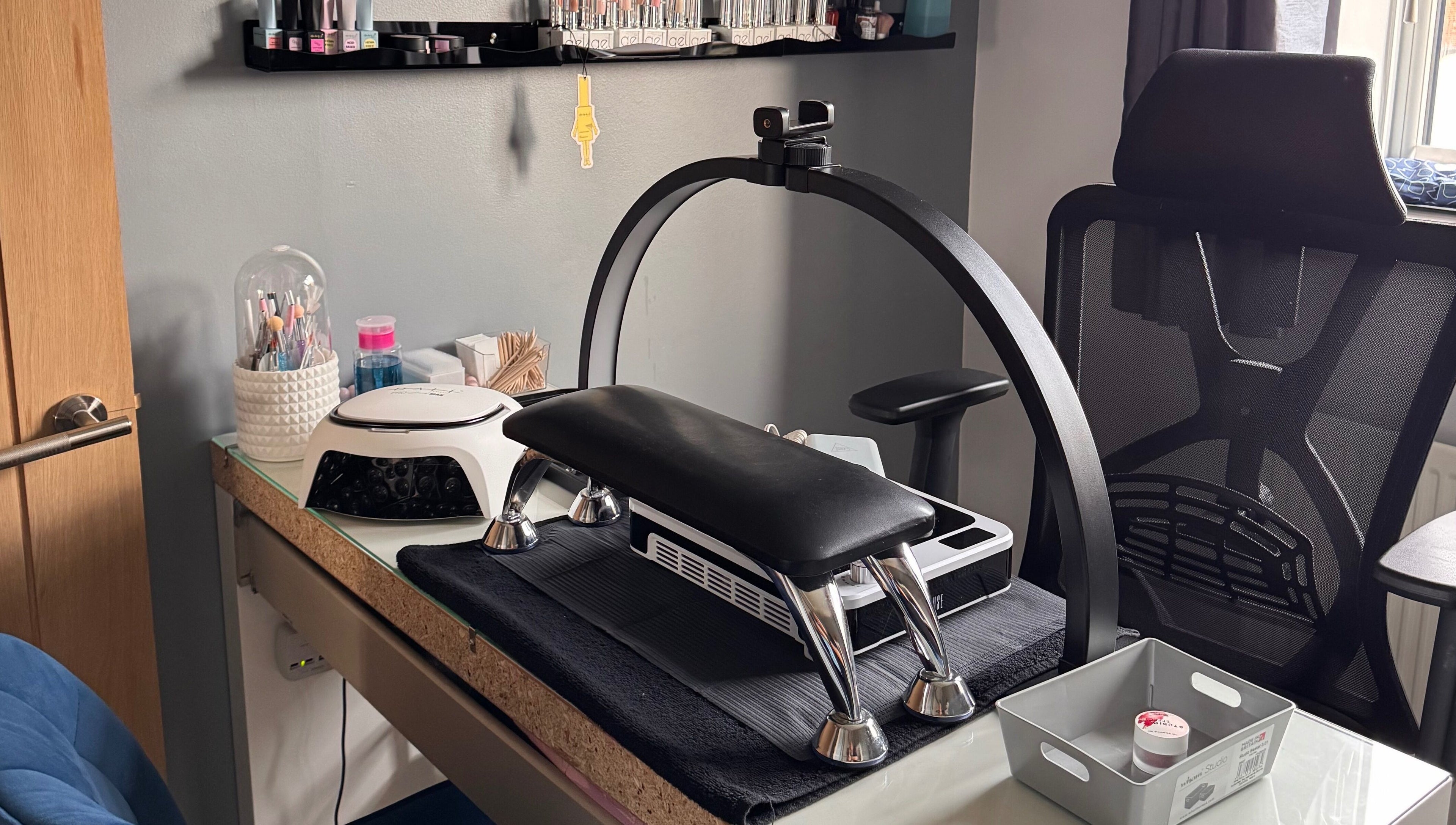 Nail station at The Rose Collection, Weston-super-mare, England, GB, featuring manicure tools and comfortable chair.