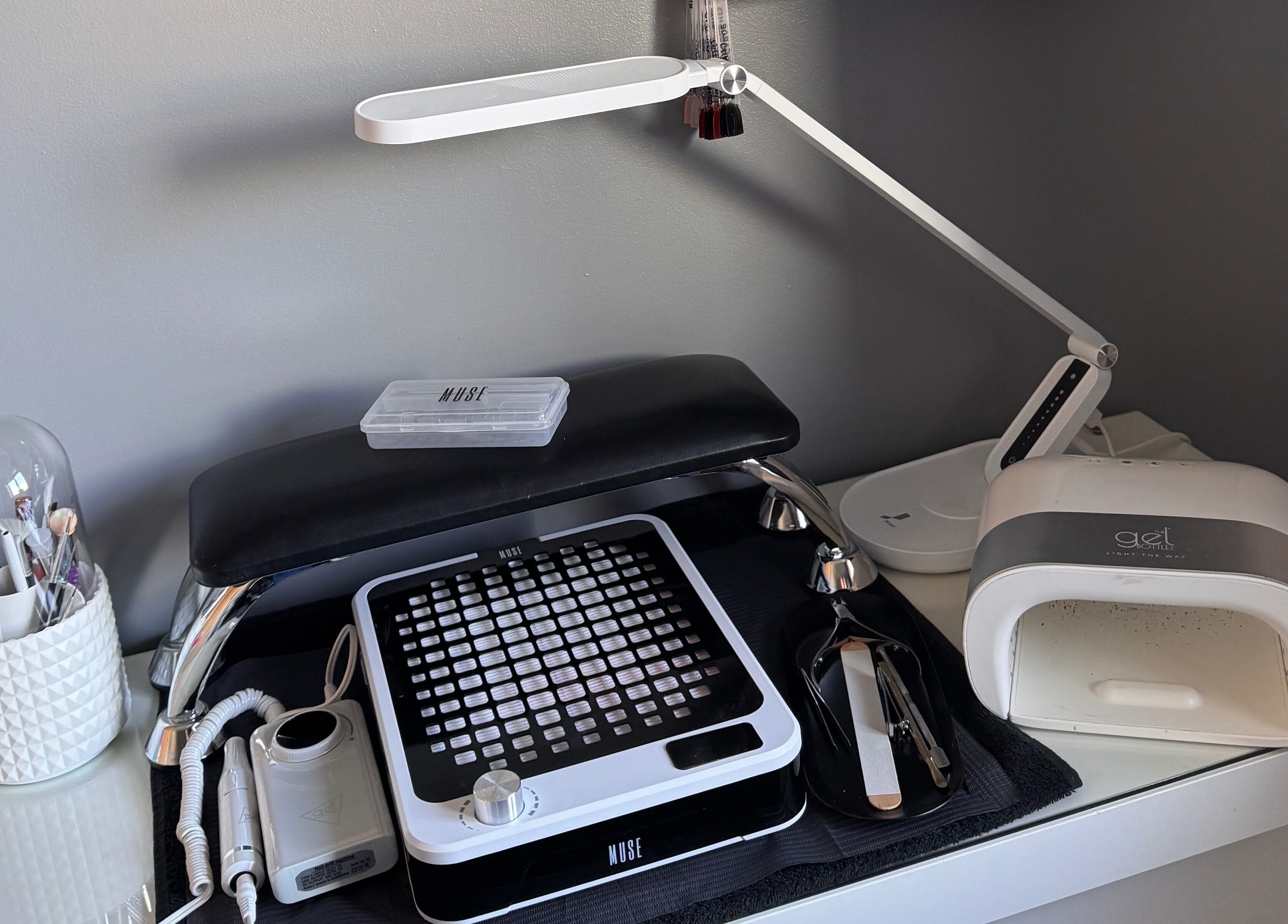 Professional nail station at The Rose Collection, Weston-super-Mare, England, GB showcasing tools and equipment.