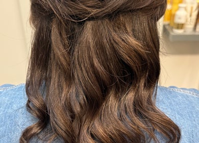 Close-up of elegant wavy hairstyle at Hair by Jodie in Kilmarnock, Scotland, GB.