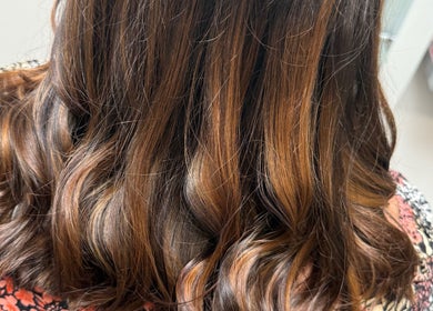 Stunning brown hair with golden highlights at Hair by Jodie in Kilmarnock, Scotland, GB.