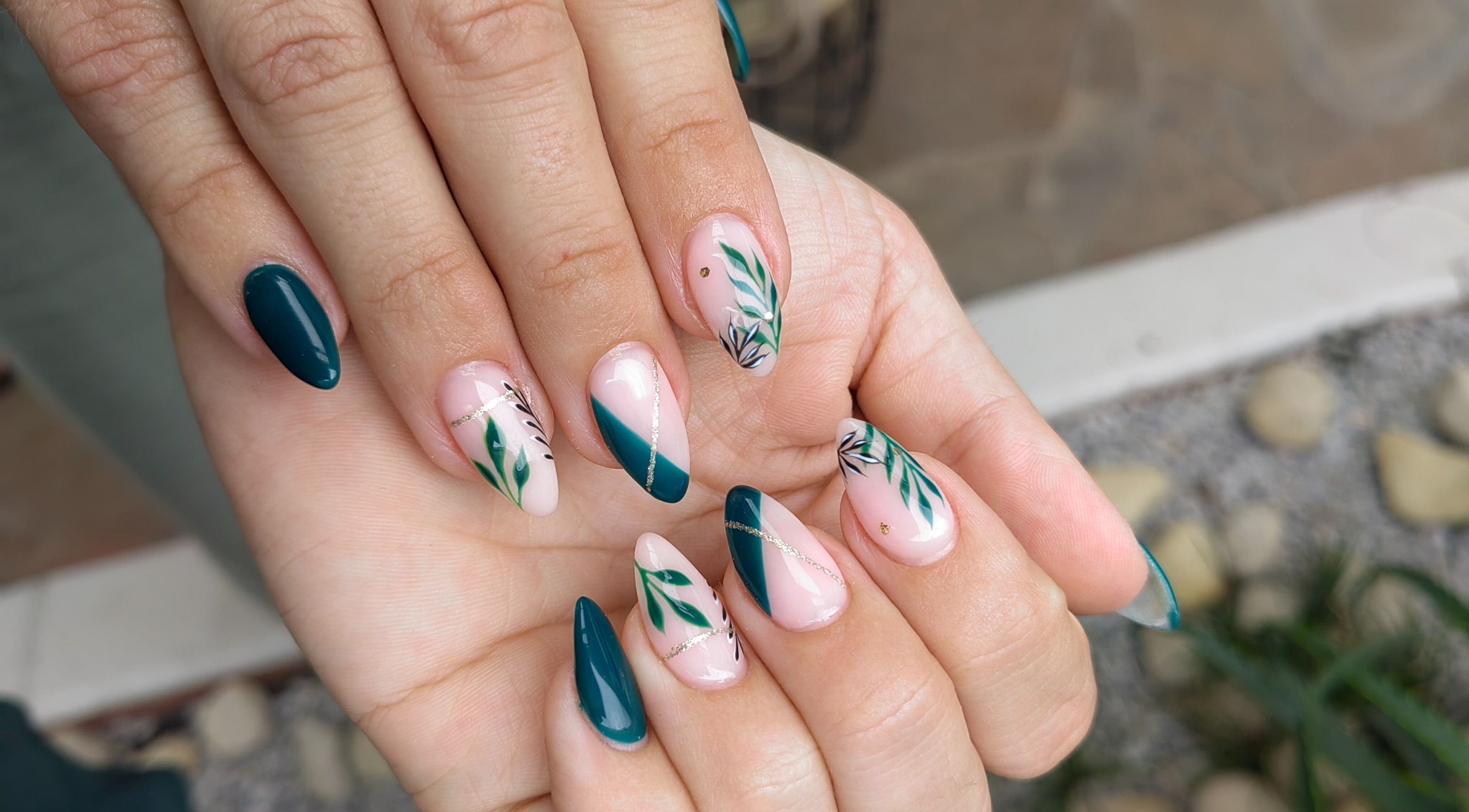 Elegant nail art featuring green and teal designs at Celesté and Madré at The Fountain, Port Elizabeth, Eastern Cape, ZA.