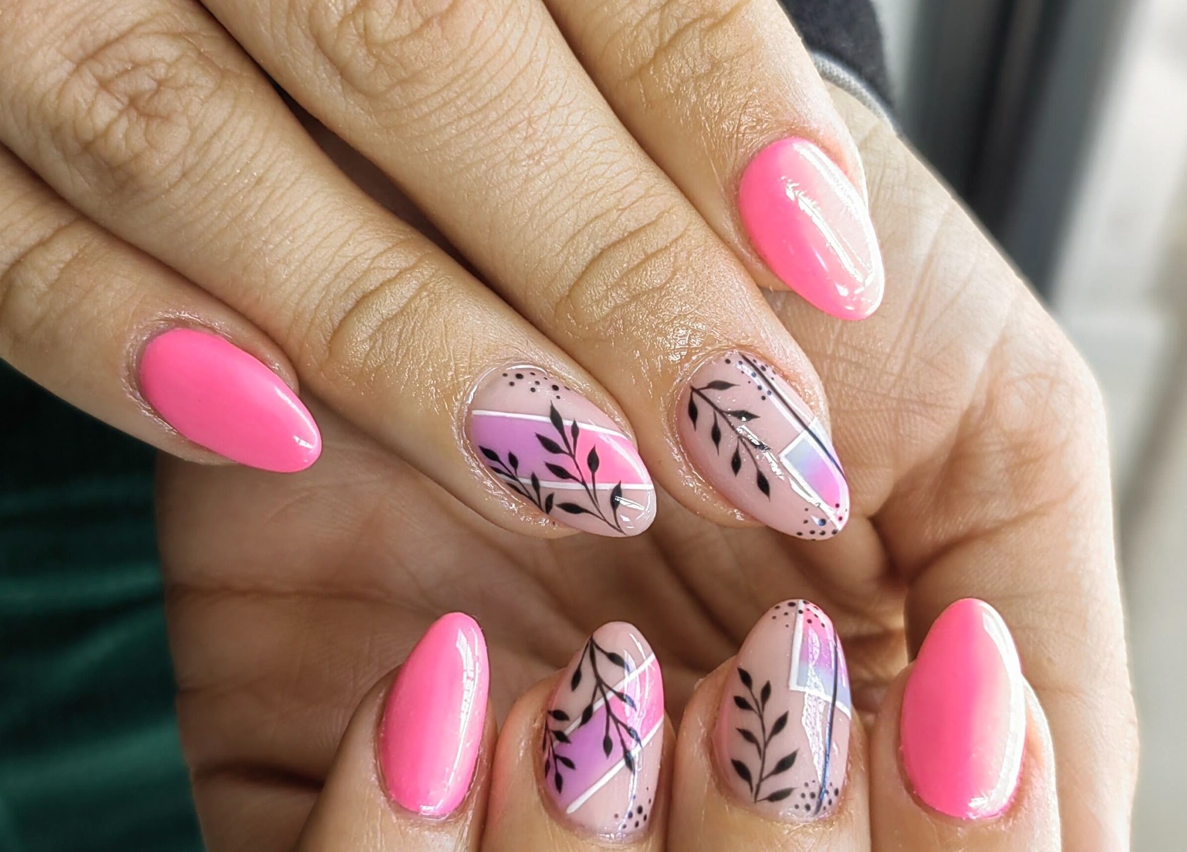 Stylish pink and patterned nails at Celesté and Madré at The Fountain, Port Elizabeth, Eastern Cape, ZA.